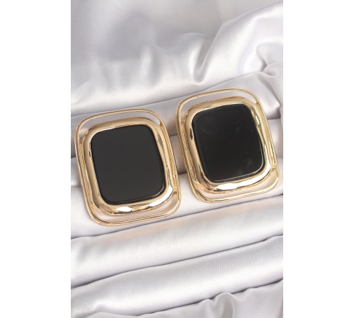 Pirinç Gold Renk Siyah Mineli Kare Model Kadın Küpe - TJ-BKP10429