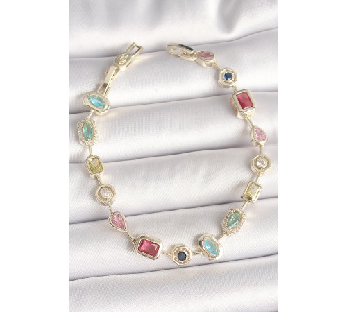 Pirinç Gold Renk Renkli Zirkon Taşlı VIP Seri Kadın Bileklik - TJ-BB6882