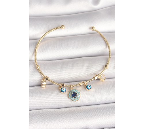 Pirinç Gold Renk Zirkon Taşlı Nazar Boncuk Detay Charm Kadın Bileklik - TJ-BB6883