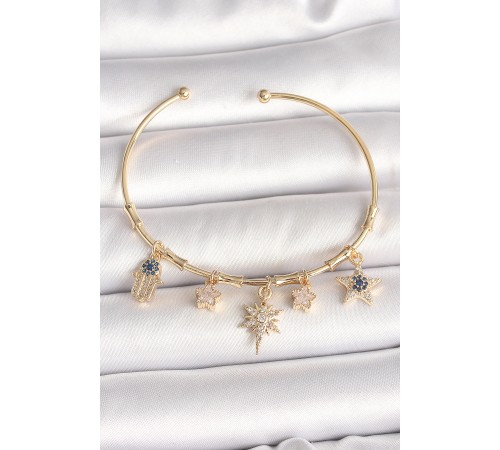 Pirinç Gold Renk Sallantı Zirkon Taşlı Kutup Yıldız Model Charm Model Kadın Bileklik - TJ-BB6884