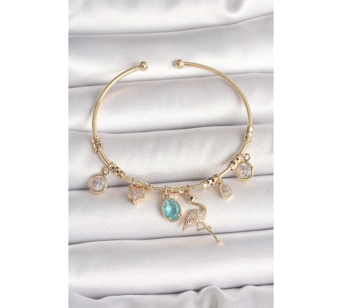 Pirinç Gold Renk Zirkon Taşlı Sallantı Filamingo Figür Charm Kadın Bileklik - TJ-BB6885