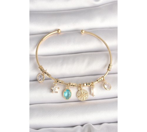 Pirinç Gold Renk Sallantı Zirkon Taş Detaylı Pusula Figür Charm Kadın Bileklik - TJ-BB6886