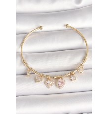Pirinç Gold Renk Sallantı Pembe Zirkon Taşlı Kalp Figür Charm Kadın Bileklik - TJ-BB6888