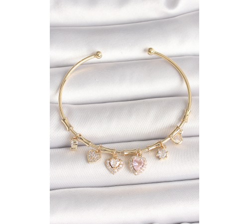 Pirinç Gold Renk Sallantı Pembe Zirkon Taşlı Kalp Figür Charm Kadın Bileklik - TJ-BB6888