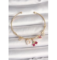 Pirinç Gold Renk Sallantı Kırmızı Zirkon Taşlı Kiraz Figür Charm Kadın Bileklik - TJ-BB6890