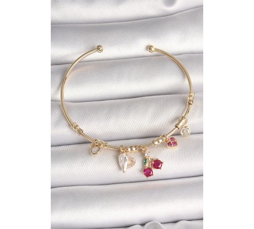 Pirinç Gold Renk Sallantı Kırmızı Zirkon Taşlı Kiraz Figür Charm Kadın Bileklik - TJ-BB6890