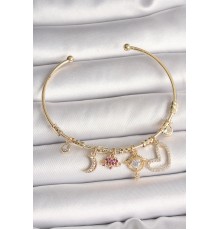 Pirinç Gold Renk Zirkon Taşlı Sallantı Gezegen Model Yıldız Detay Charm Kadın Bileklik - TJ-BB6892