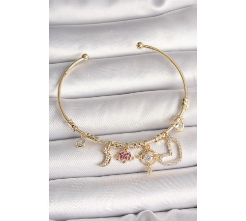 Pirinç Gold Renk Zirkon Taşlı Sallantı Gezegen Model Yıldız Detay Charm Kadın Bileklik - TJ-BB6892