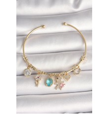 Pirinç Gold Renk Sallantı Zirkon Taşlı AYıcık Figür Kalp Detay Charm Kadın Bileklik - TJ-BB6894