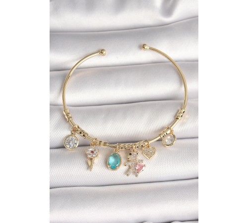 Pirinç Gold Renk Sallantı Zirkon Taşlı AYıcık Figür Kalp Detay Charm Kadın Bileklik - TJ-BB6894