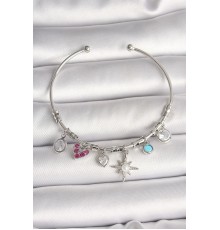Pirinç Gümüş Renk Sallantı Zirkon Taşlı Kutup Yıldız Figür Kalp Detay Charm Kadın Bileklik - TJ-BB6898