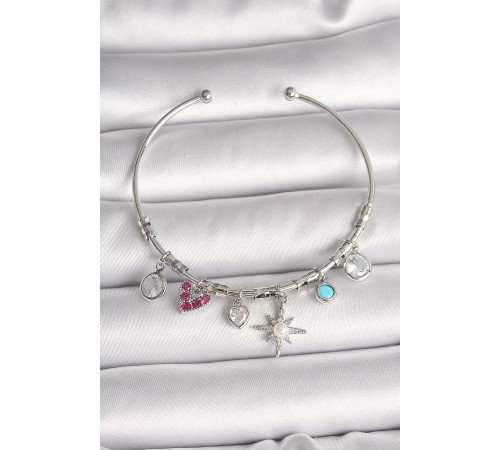 Pirinç Gümüş Renk Sallantı Zirkon Taşlı Kutup Yıldız Figür Kalp Detay Charm Kadın Bileklik - TJ-BB6898