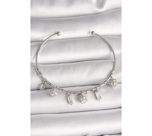 Pirinç Gümüş Renk Sallantı Zirkon Taşlı Çiçek Figür Charm Kadın Bileklik - TJ-BB6900