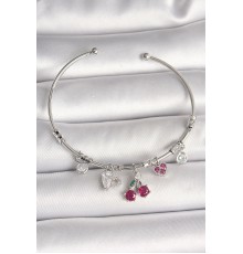 Pirinç Gümüş Renk Sallantı Kiraz Figür Kalp Detay Charm Kadın Bileklik - TJ-BB6901