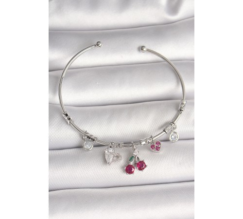 Pirinç Gümüş Renk Sallantı Kiraz Figür Kalp Detay Charm Kadın Bileklik - TJ-BB6901
