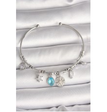 Pirinç Gümüş Renk Sallantı Pusula Figür Kalp Detay Charm Kadın Bileklik - TJ-BB6902