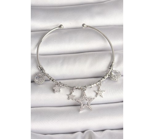 Pirinç Gümüş Renk Sallantı Zirkon Taşlı Yıldız Figür Charm Kadın Bileklik - TJ-BB6904