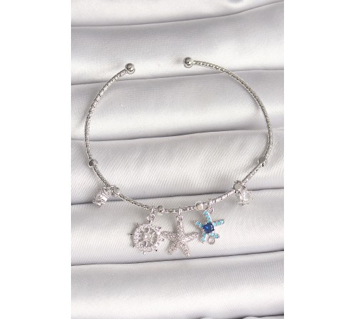 Pirinç Gümüş Renk Sallantı Zirkon Taşlı Deniz Yıldız Figür Charm Kadın Bileklik - TJ-BB6906