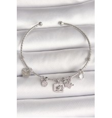 Pirinç Gümüş Renk Sallantı Zirkon Taşlı Ayıcık Figür Taç Detay Charm Kadın Bileklik - TJ-BB6907