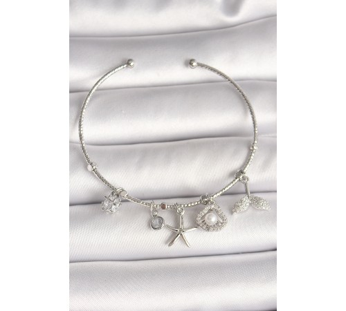 Pirinç Gümüş Renk Sallantı Zirkon Taşlı Deniz Yıldız Figür Balık Kuyruğu Detay Charm Kadın Bileklik - TJ-BB6909