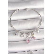 Pirinç Gümüş Renk Sallantı Zirkon Taşlı Kalp Figür Charm Kadın Bileklik - TJ-BB6910