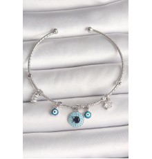 Pirinç Gümüş Renk Sallantı Zirkon Taşlı Nazar Boncuk Figür Charm Kadın Bileklik - TJ-BB6911