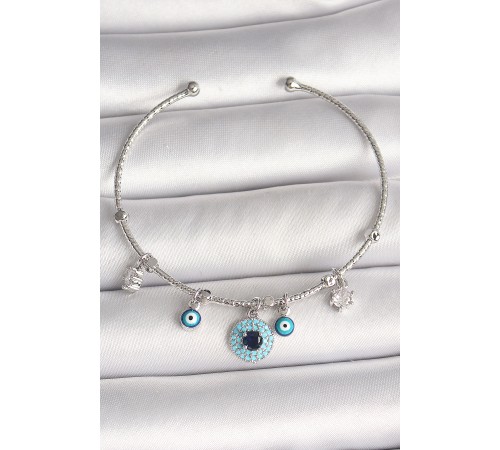Pirinç Gümüş Renk Sallantı Zirkon Taşlı Nazar Boncuk Figür Charm Kadın Bileklik - TJ-BB6911