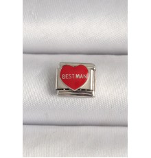 316L Çelik Gümüş Renk 'Best Man' Yazılı Kırmızı Kalp İşlemeli Nomination Charm - TJ-BC1208