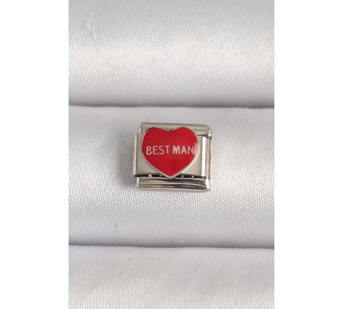 316L Çelik Gümüş Renk 'Best Man' Yazılı Kırmızı Kalp İşlemeli Nomination Charm - TJ-BC1208