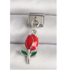 316L Çelik Gümüş Renk Kırmızı Gül Model Nomination Charm - TJ-BC1213