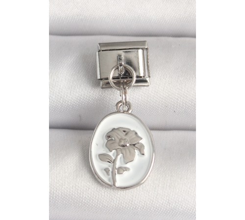 316L Çelik Gümüş Renk Çiçek İşlemeli Beyaz Portre Model Nomination Charm - TJ-BC1214