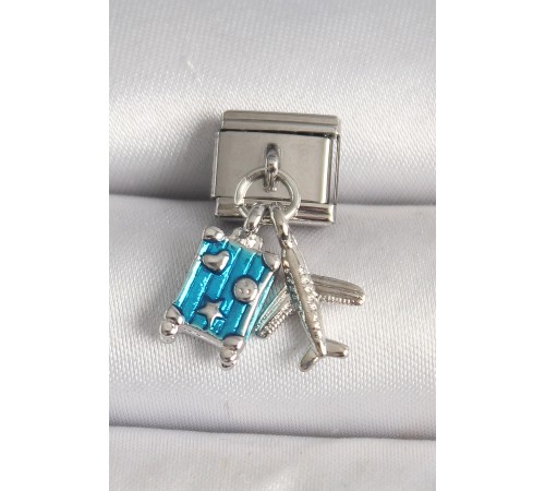 316L Çelik Gümüş Renk Mavi Bavul Uçak Model Nomination Charm - TJ-BC1227