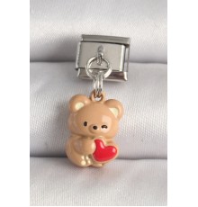 316L Çelik Gümüş Renk Kahverengi Ayıcık Model Kırmızı Kalp Detay Nomination Charm - TJ-BC1234