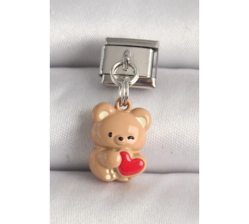 316L Çelik Gümüş Renk Kahverengi Ayıcık Model Kırmızı Kalp Detay Nomination Charm - TJ-BC1234