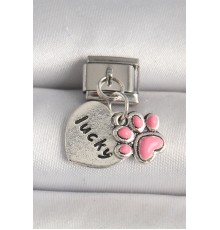 316L Çelik Gümüş Renk Pembe Pati 'lucky' İşlemeli Kalp Model Nomination Charm - TJ-BC1236