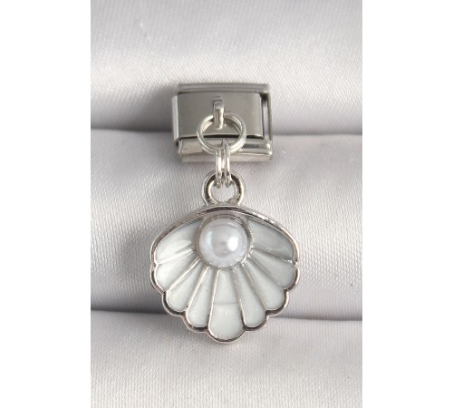 316L Çelik Gümüş Renk Beyaz Deniz Kabuğu Model İnci Detay Nomination Charm - TJ-BC1249