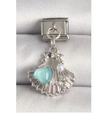 316L Çelik Gümüş Renk Zirkon Taşlı Deniz Kabuğu Model Mavi Mineli Kalp Detay Nomination Charm - TJ-BC1260