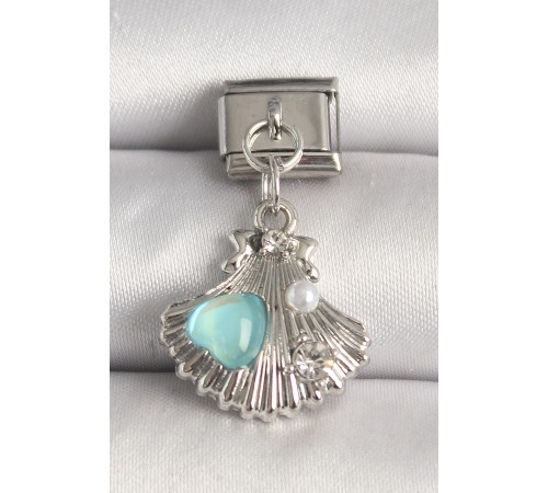 316L Çelik Gümüş Renk Zirkon Taşlı Deniz Kabuğu Model Mavi Mineli Kalp Detay Nomination Charm - TJ-BC1260