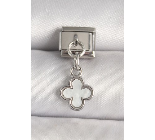 316L Çelik Gümüş Renk Beyaz Mineli Yonca Model Nomination Charm - TJ-BC1269