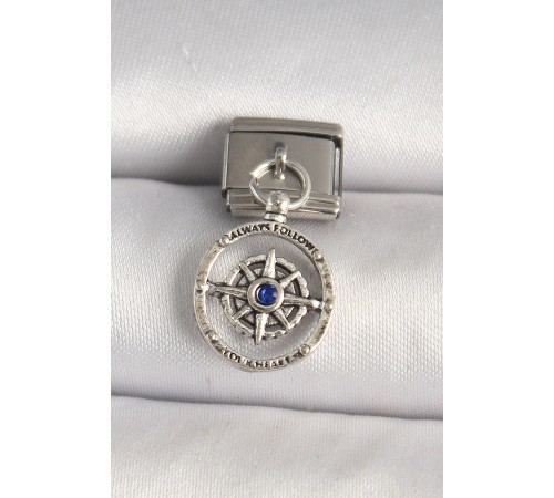 316L Çelik Gümüş Renk Mavi Taş Detaylı Pusula Model Nomination Charm - TJ-BC1273