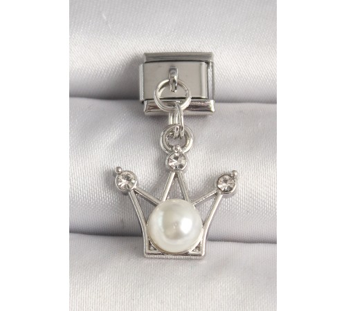 316L Çelik Gümüş Renk Zirkon Taşlı Taç Model İnci Detay Nomination Charm - TJ-BC1275