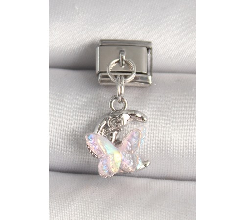 316L Çelik Gümüş Renk Zirkon Taşlı Hilal Pembe Mineli Model Nomination Charm - TJ-BC1289