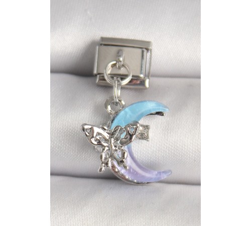 316L Çelik Gümüş Renk Mor Mavi Mix Mineli Hilal Figür Zirkon Taş Detaylı Nomination Charm - TJ-BC1293
