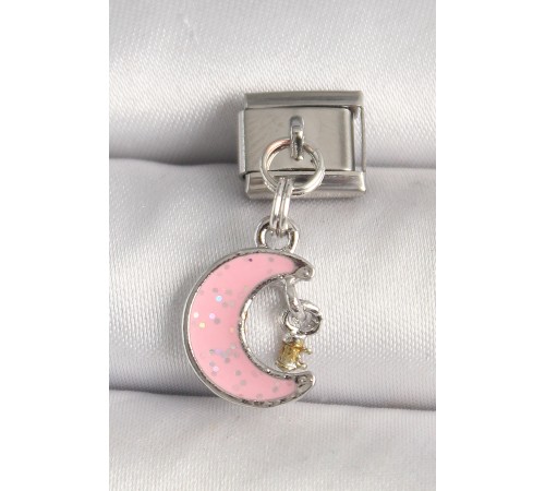 316L Çelik Gümüş Renk Pembe Simli Hilal Model Sallantı Detay Nomination Charm - TJ-BC1294
