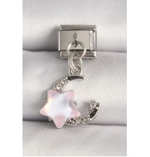 316L Çelik Gümüş Renk Zirkon Taşlı Hilal Pembe Mineli Yıldız Model Nomination Charm - TJ-BC1296
