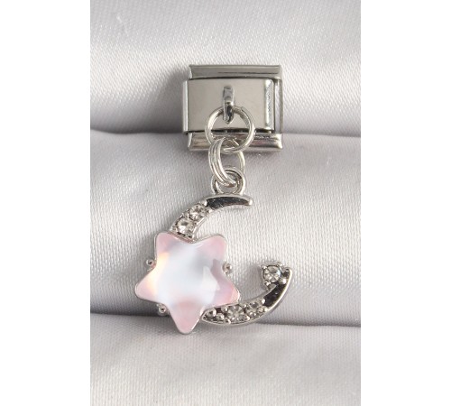 316L Çelik Gümüş Renk Zirkon Taşlı Hilal Pembe Mineli Yıldız Model Nomination Charm - TJ-BC1296