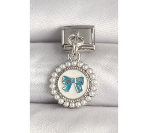 316L Çelik Gümüş Renk Mavi Fiyonk İşlemeli İnci Detaylı Nomination Charm - TJ-BC1303