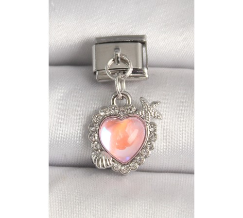 316L Çelik Gümüş Renk Pembe Mineli Kalp Model Deniz Yıldız Detay Nomination Charm - TJ-BC1304