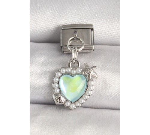 316L Çelik Gümüş Renk Yeşil Mineli Kalp Model Deniz Yıldız Detay Nomination Charm - TJ-BC1305