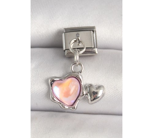 316L Çelik Gümüş Renk Pembe Mineli Kalp Model Nomination Charm - TJ-BC1308